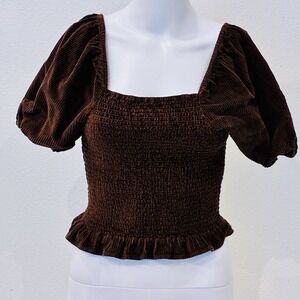 American‎ Eagle Womens Brown Corduroy Boho Smocked Puff Sleeve Top Sz S Festival
